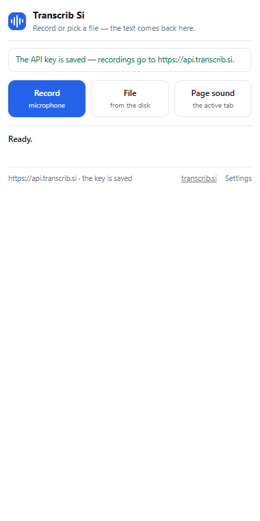 The popup of the extension with a saved key: a green line saying the key is saved, the buttons Record, File and Page sound, and the address of the API.