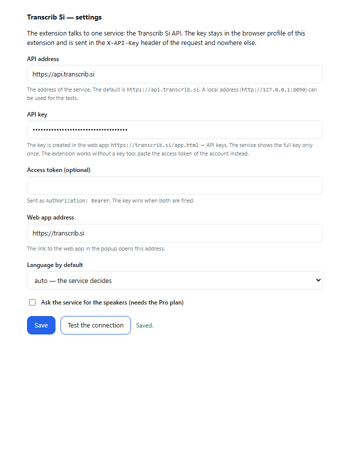 The settings page of the extension: the address of the API, the API key, the access token, the address of the web app, the language by default, the switch for the speakers and the Save button.